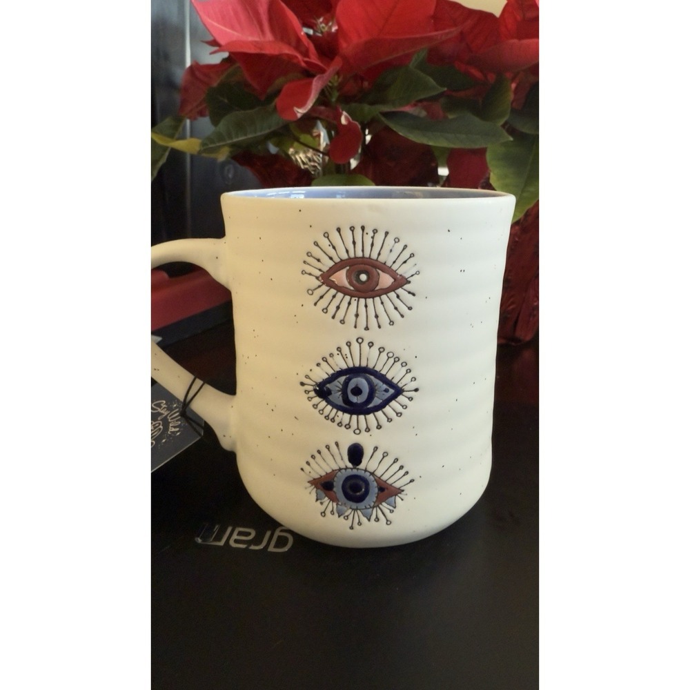Boho Evil Eye Coffee Mug White Speckled Ceramic Protection Symbol Cup 4.5"H/4"W